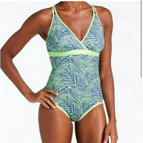 L.L.Bean Swimsuit Womens 6 Blue Green One Piece Leaf Print Built in Bra UPF 50+ - Picture 1 of 11